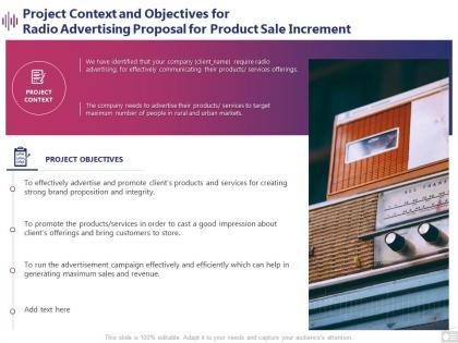 Project context and objectives for radio advertising proposal for product sale increment ppt slides