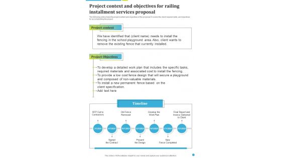 Project Context And Objectives For Railing Installment Services Proposal One Pager Sample Example Document