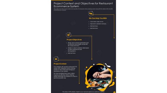 Project Context And Objectives For Restaurant Ecommerce One Pager Sample Example Document