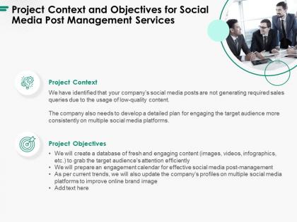 Project context and objectives for social media post management services ppt icon layout ideas
