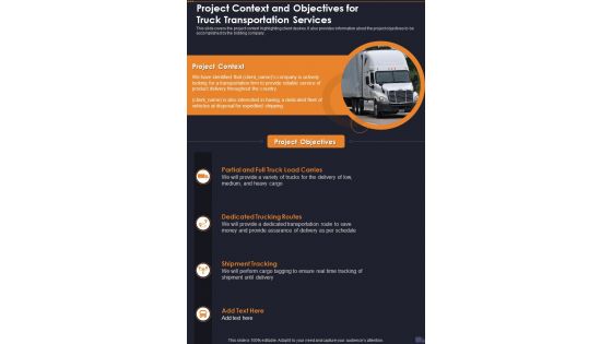 Project Context And Objectives For Truck Transportation Services One Pager Sample Example Document