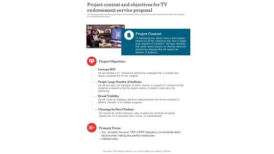 Project Context And Objectives For Tv Endorsement Service Proposal One Pager Sample Example Document