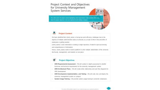 Project Context And Objectives For University Management Services One Pager Sample Example Document