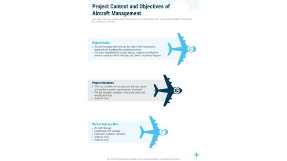 Project Context And Objectives Of Aircraft Management One Pager Sample Example Document