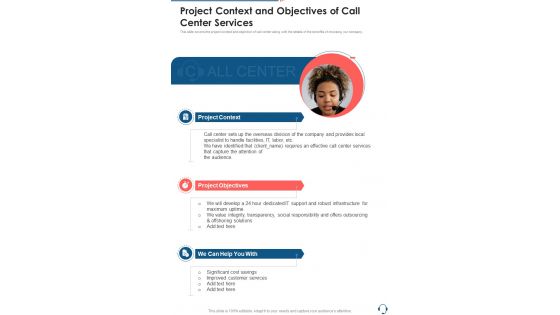 Project Context And Objectives Of Call Center Services One Pager Sample Example Document
