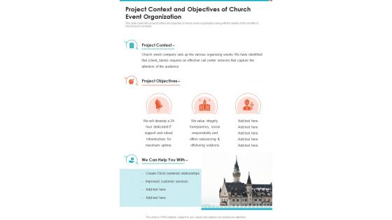 Project Context And Objectives Of Church Event Organization One Pager Sample Example Document