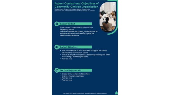 Project Context And Objectives Of Community Christan Organization One Pager Sample Example Document