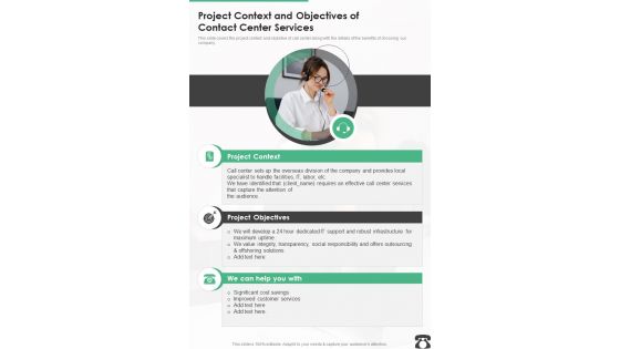 Project Context And Objectives Of Contact Center Services One Pager Sample Example Document