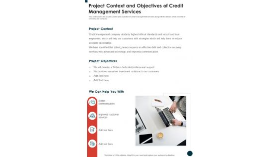 Project Context And Objectives Of Credit Management Services One Pager Sample Example Document