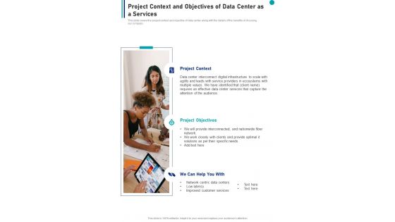 Project Context And Objectives Of Data Center As A Services One Pager Sample Example Document