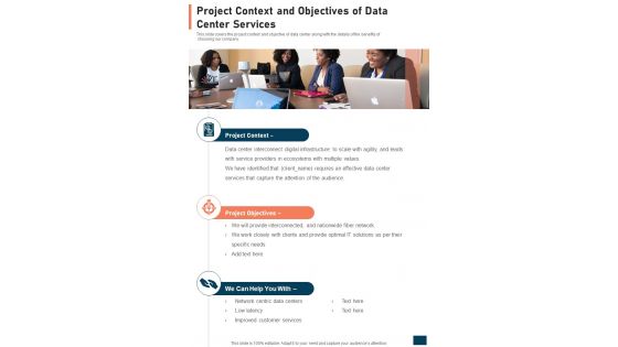 Project Context And Objectives Of Data Center Services One Pager Sample Example Document