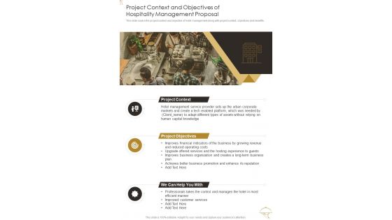 Project Context And Objectives Of Hospitality Management Proposal One Pager Sample Example Document