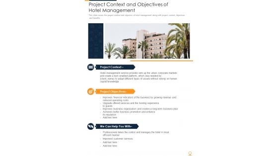 Project Context And Objectives Of Hotel Management One Pager Sample Example Document