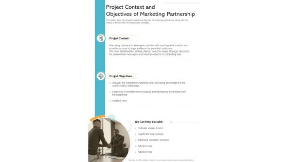 Project Context And Objectives Of Marketing Partnership One Pager Sample Example Document