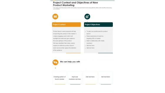 Project Context And Objectives Of New Product Marketing One Pager Sample Example Document