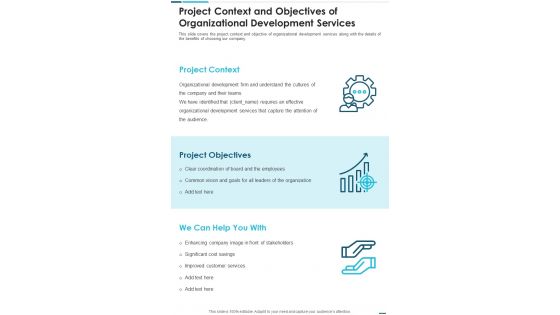 Project Context And Objectives Of Organizational Development Services One Pager Sample Example Document