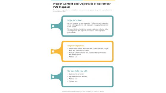 Project Context And Objectives Of Restaurant POS One Pager Sample Example Document