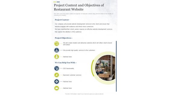 Project Context And Objectives Of Restaurant Website One Pager Sample Example Document