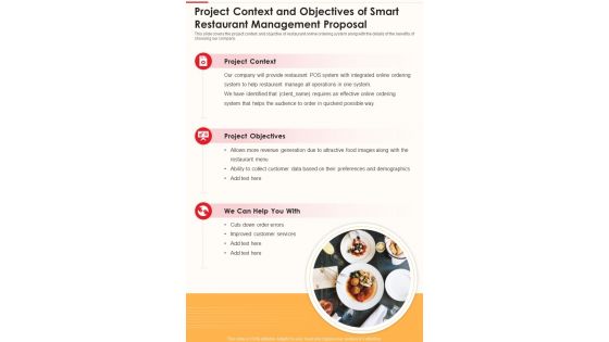 Project Context And Objectives Of Smart Restaurant One Pager Sample Example Document