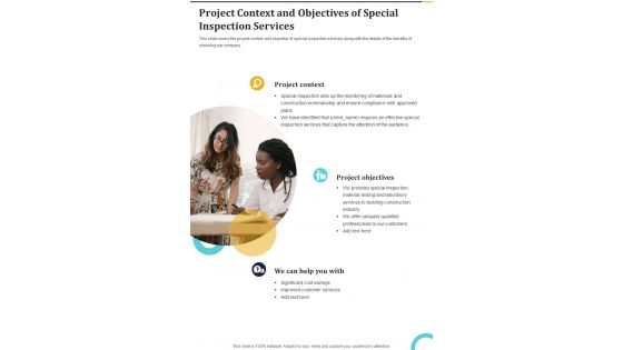 Project Context And Objectives Of Special Inspection Services One Pager Sample Example Document