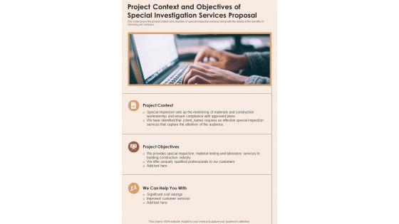 Project Context And Objectives Of Special Investigation Services One Pager Sample Example Document
