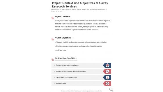 Project Context And Objectives Of Survey Research Services One Pager Sample Example Document