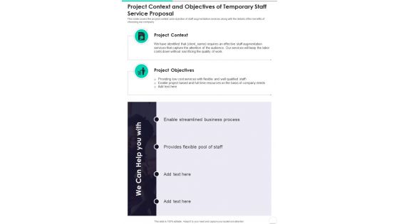 Project Context And Objectives Of Temporary Staff Service Proposal One Pager Sample Example Document