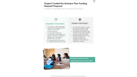 Project Context For Business Plan Funding Request Proposal One Pager Sample Example Document
