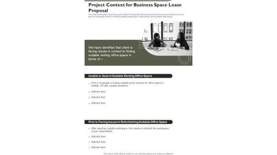 Project Context For Business Space Lease Proposal One Pager Sample Example Document