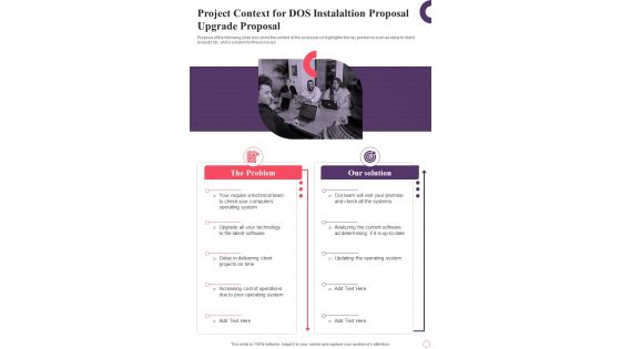 Project Context For Dos Instalaltion Proposal Upgrade Proposal One Pager Sample Example Document