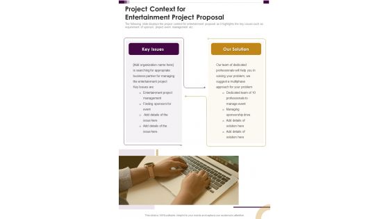 Project Context For Entertainment Project Proposal One Pager Sample Example Document