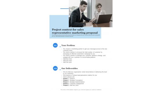 Project Context For Sales Representative Marketing Proposal One Pager Sample Example Document