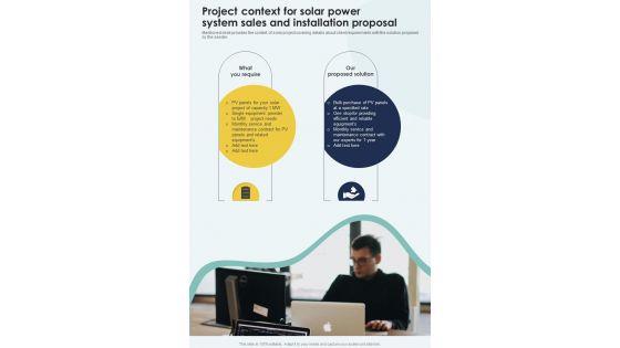 Project Context For Solar Power System Sales And Installation One Pager Sample Example Document