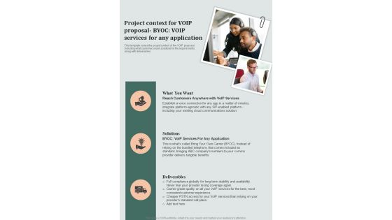Project Context For Voip Proposal Byoc Voip Services Any Application One Pager Sample Example Document