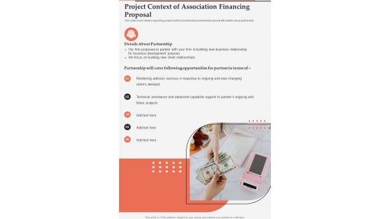Project Context Of Association Financing Proposal One Pager Sample Example Document
