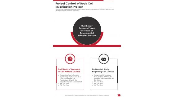 Project Context Of Body Cell Investigation Project One Pager Sample Example Document