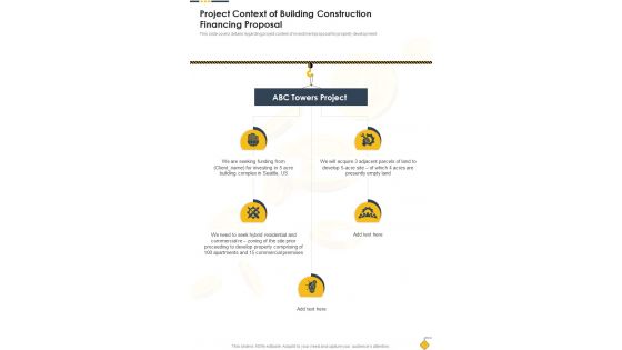 Project Context Of Building Construction Financing Proposal One Pager Sample Example Document