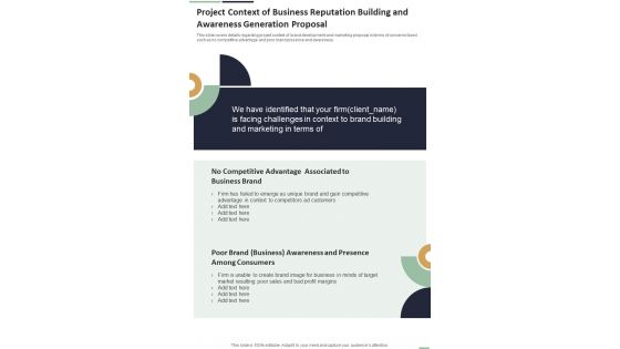Project Context Of Business Reputation Building And Awareness One Pager Sample Example Document