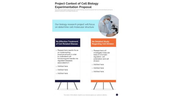 Project Context Of Cell Biology Experimentation One Pager Sample Example Document