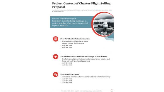 Project Context Of Charter Flight Selling Proposal One Pager Sample Example Document