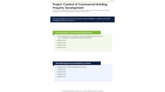 Project Context Of Commercial Building Property Development One Pager Sample Example Document