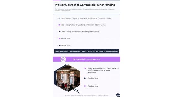 Project Context Of Commercial Diner Funding One Pager Sample Example Document