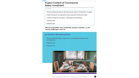Project Context Of Commercial Eatery Investment One Pager Sample Example Document