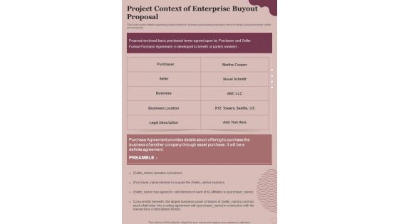 Project Context Of Enterprise Buyout Proposal One Pager Sample Example Document
