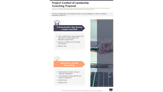 Project Context Of Leadership Coaching Proposal One Pager Sample Example Document