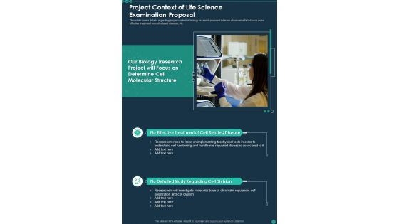 Project Context Of Life Science Examination Proposal One Pager Sample Example Document