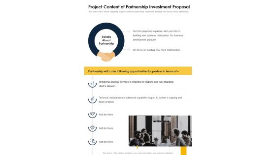 Project Context Of Partnership Investment Proposal One Pager Sample Example Document