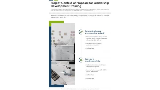 Project Context Of Proposal For Leadership Development Training One Pager Sample Example Document