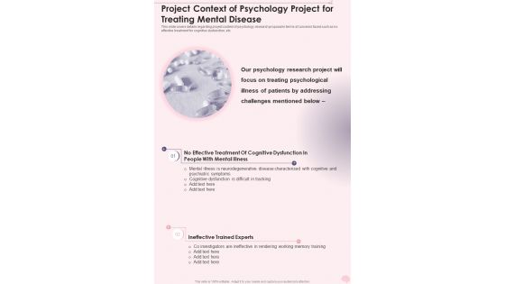 Project Context Of Psychology Project For Treating Mental Disease One Pager Sample Example Document