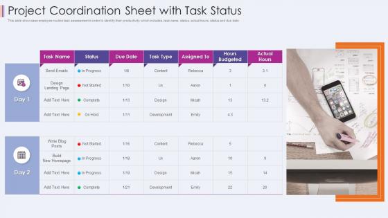 Project coordination sheet with task status